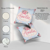 Custom Name Floral Roses with Red Ribbon and Butterflies Blue Square Filled Cushion Throw Pillow Sofa Bed Home Decor Zip Washable UK Made