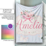 Cute Watercolor Floral Roses with Red Ribbon and Butterflies Blue  Personalised Custom Name Super Soft Fleece Blanket Bed Sofa Throw