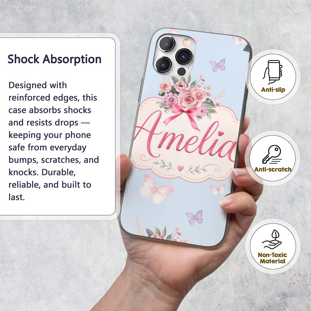 Cute Watercolor Floral Roses with Red Ribbon and Custom Name Protective Phone Case Mobile Cover Durable Everyday Smartphone Shock Resistant