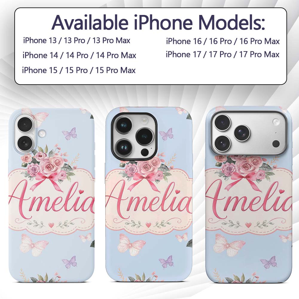 Cute Watercolor Floral Roses with Red Ribbon and Custom Name Protective Phone Case Mobile Cover Durable Everyday Smartphone Shock Resistant