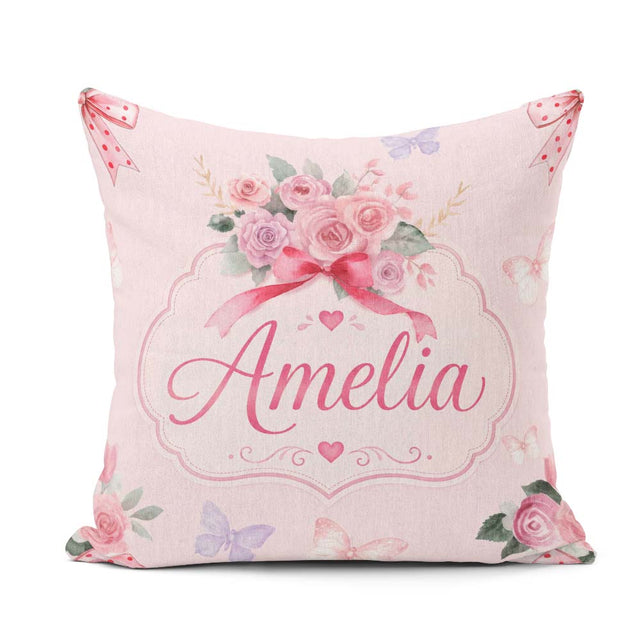 Custom Name Watercolor Rose with Red Ribbon and Butterflies Soft Square Filled Cushion Throw Pillow Sofa Bed Home Decor Zip Washable UK Made