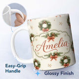Personalized Custom Name Festive Christmas Wreath Pinecone Ribbon Snowflake Seamless Pattern 11oz Ceramic Coffee Tea Mug White Large Handle