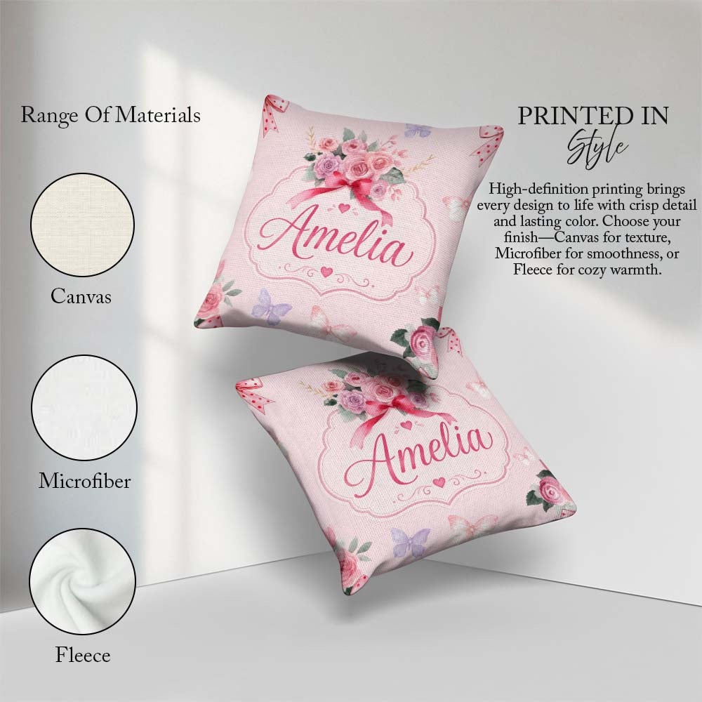 Custom Name Watercolor Rose with Red Ribbon and Butterflies Soft Square Filled Cushion Throw Pillow Sofa Bed Home Decor Zip Washable UK Made