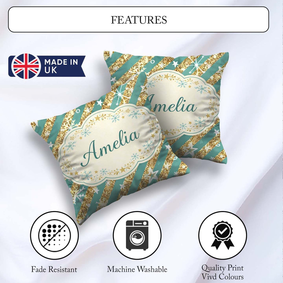 Custom Name Gold Glitter Stripe Stars Snowflakes Festive Pattern Square Filled Cushion Throw Pillow Sofa Bed Home Decor Zip Washable UK Made
