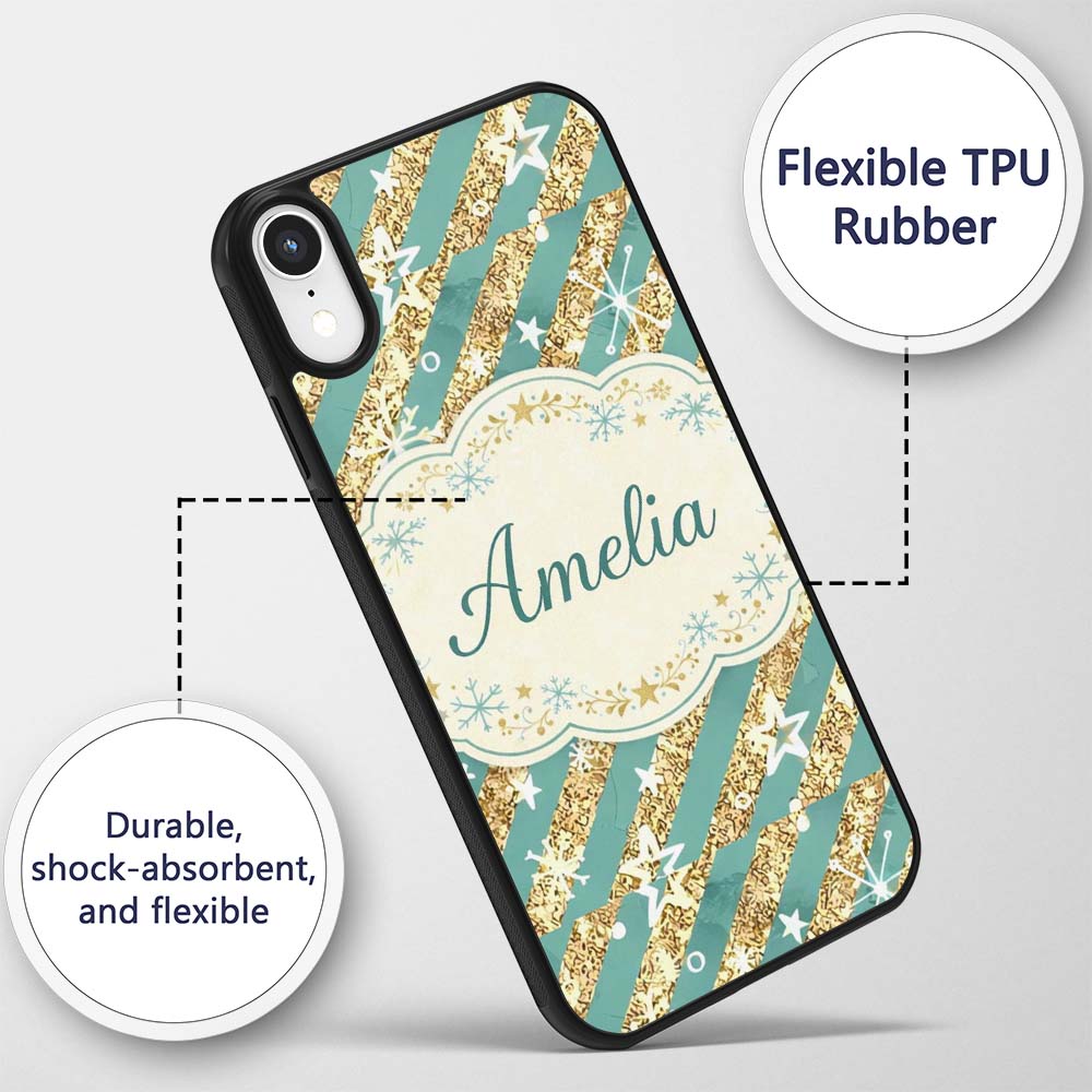 Gold Glitter Stripe Stars Snowflakes Festive Custom Name Protective Phone Case Mobile Cover Durable Everyday Smartphone Shock Resistant