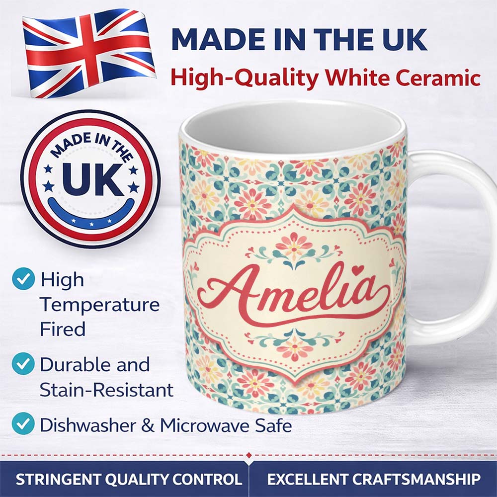 Personalized Custom Name Pastel Floral Tile Pattern in Coral Blue and Yellow on Soft Cream 11oz Ceramic Coffee Tea Mug White Large Handle