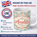 Personalized Custom Name Pastel Floral Tile Pattern in Coral Blue and Yellow on Soft Cream 11oz Ceramic Coffee Tea Mug White Large Handle