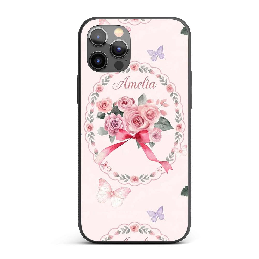 Cute Watercolor Roses Bouquet with Red Ribbon Custom Name Protective Phone Case Mobile Cover Durable Everyday Smartphone Shock Resistant