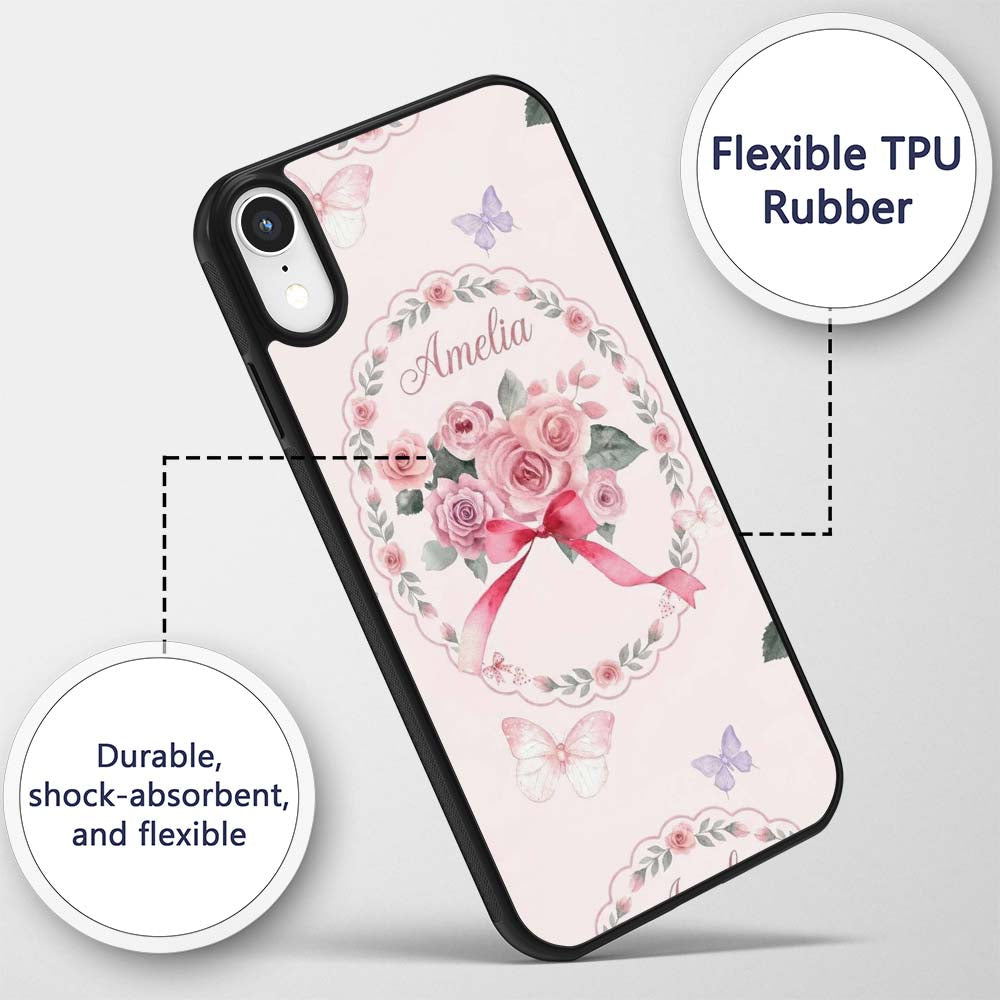 Cute Watercolor Roses Bouquet with Red Ribbon Custom Name Protective Phone Case Mobile Cover Durable Everyday Smartphone Shock Resistant