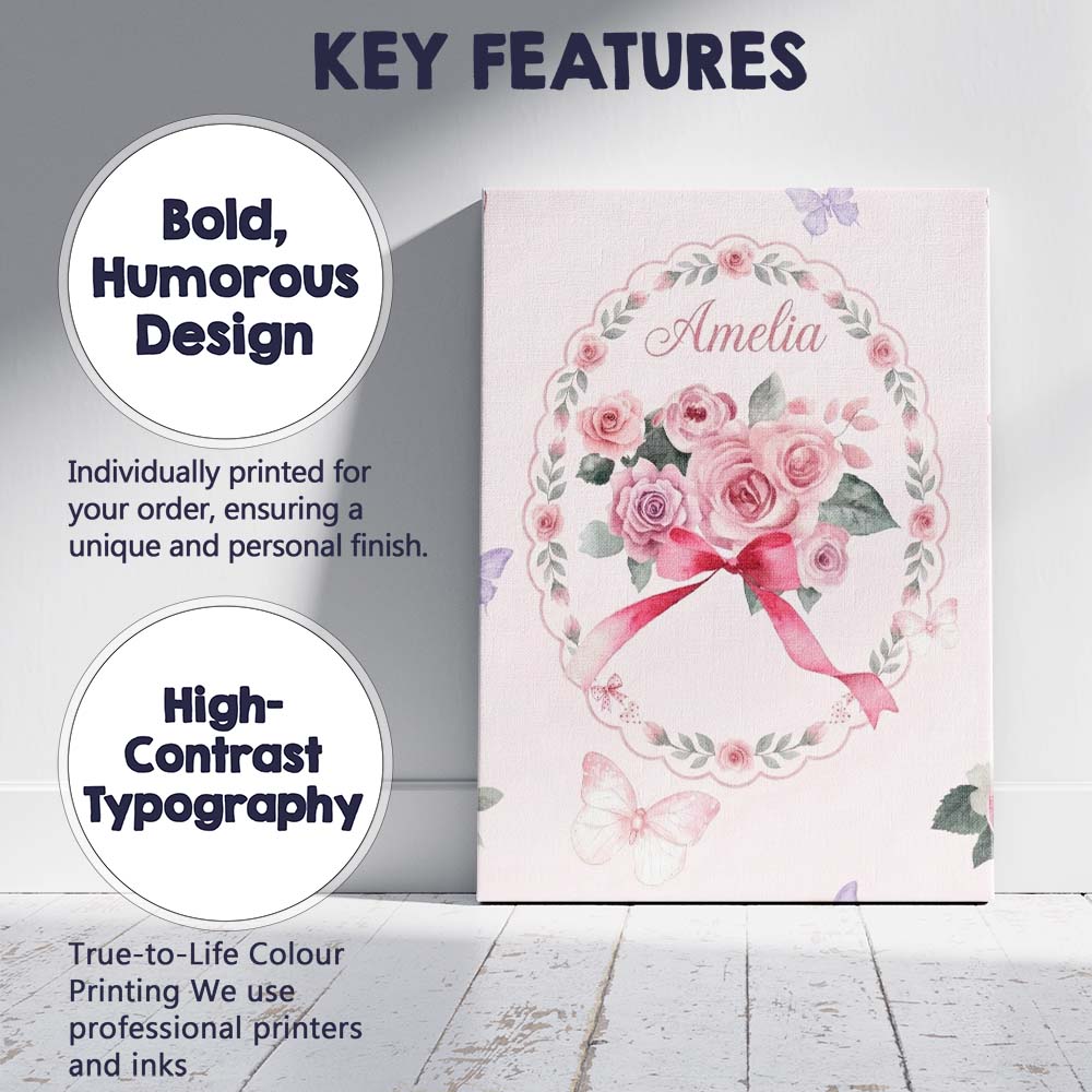 Personalised Name Cute Watercolor Roses Custom  Modern Room Accent Elegant Feature Canvas Wall Art Print Decor Picture Ready to Hang