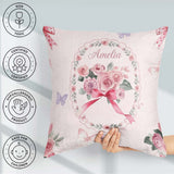 Custom Name Watercolor Roses Bouquet with Red Ribbon Light Pink Square Filled Cushion Throw Pillow Sofa Bed Home Decor Zip Washable UK Made