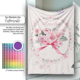 Cute Watercolor Roses Bouquet with Red Ribbon Light Pink Background  Personalised Custom Name Super Soft Fleece Blanket Bed Sofa Throw