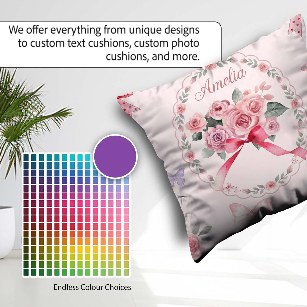 Custom Name Watercolor Roses Bouquet with Red Ribbon Light Pink Square Filled Cushion Throw Pillow Sofa Bed Home Decor Zip Washable UK Made