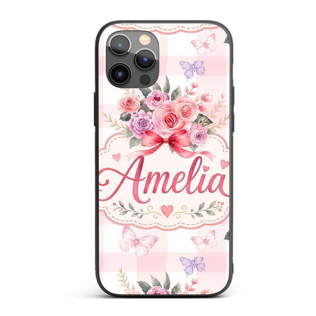 Cute Watercolor Roses Bouquet with Red Ribbon Custom Name Protective Phone Case Mobile Cover Durable Everyday Smartphone Shock Resistant