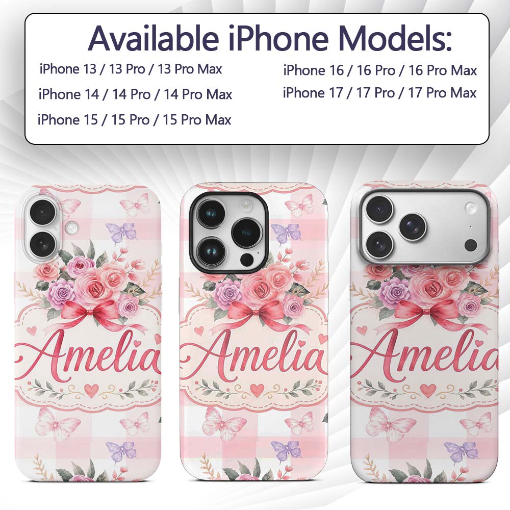 Cute Watercolor Roses Bouquet with Red Ribbon Custom Name Protective Phone Case Mobile Cover Durable Everyday Smartphone Shock Resistant