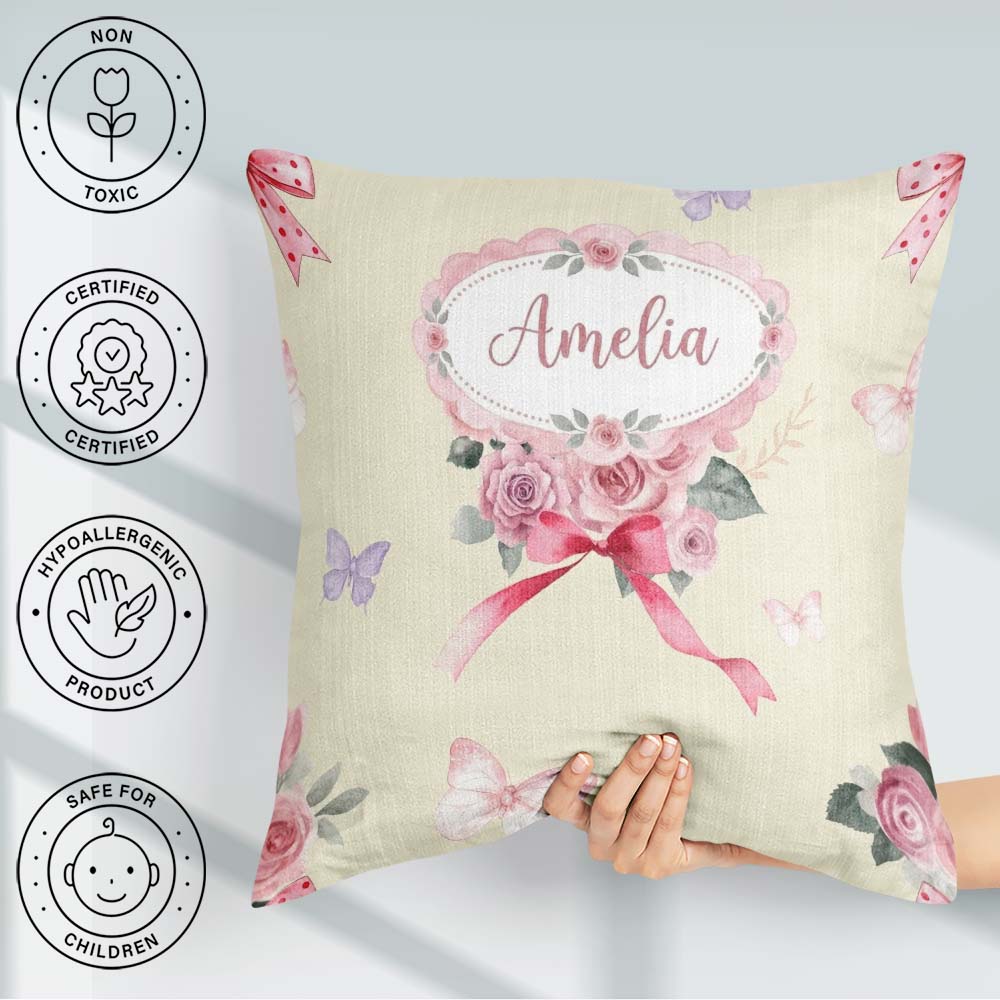 Custom Name Watercolor Roses Bouquet with Red Ribbon Soft Olive Square Filled Cushion Throw Pillow Sofa Bed Home Decor Zip Washable UK Made