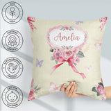 Custom Name Watercolor Roses Bouquet with Red Ribbon Soft Olive Square Filled Cushion Throw Pillow Sofa Bed Home Decor Zip Washable UK Made