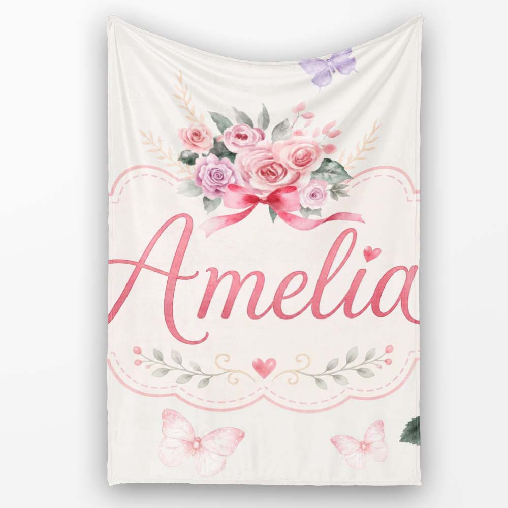 Cute Watercolor Roses Bouquet with Red Ribbon Light Cream Background  Personalised Custom Name Super Soft Fleece Blanket Bed Sofa Throw