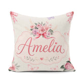Custom Name Watercolor Roses Bouquet with Red Ribbon Light Cream Square Filled Cushion Throw Pillow Sofa Bed Home Decor Zip Washable UK Made