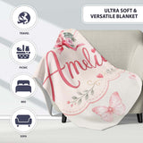 Cute Watercolor Roses Bouquet with Red Ribbon Light Cream Background  Personalised Custom Name Super Soft Fleece Blanket Bed Sofa Throw