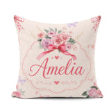 Custom Name Cute Watercolor Roses Bouquet with Red Neutral Beige Square Filled Cushion Throw Pillow Sofa Bed Home Decor Zip Washable UK Made