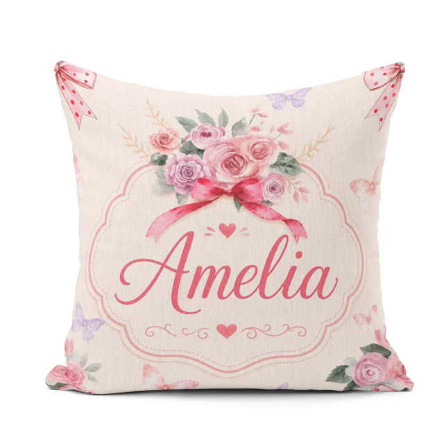 Custom Name Cute Watercolor Roses Bouquet with Red Neutral Beige Square Filled Cushion Throw Pillow Sofa Bed Home Decor Zip Washable UK Made
