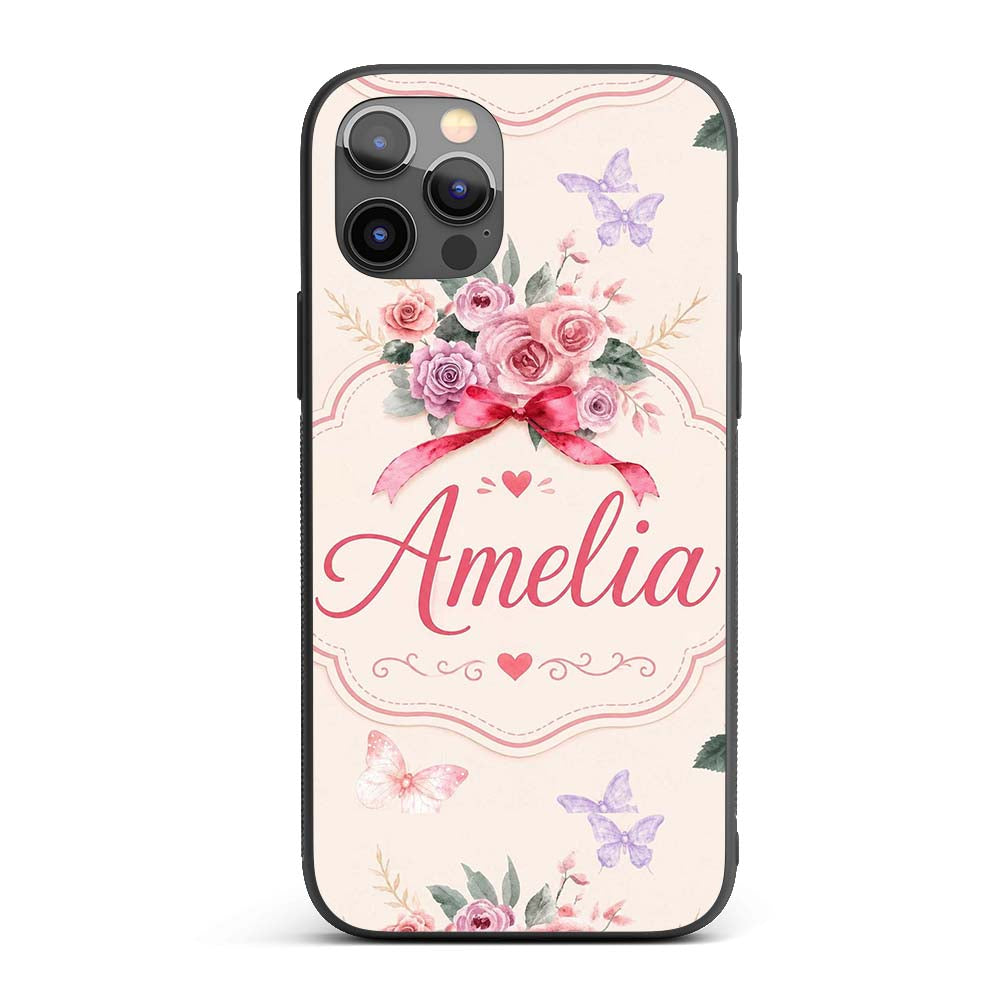 Cute Watercolor Roses Bouquet with Red Ribbon Custom Name Protective Phone Case Mobile Cover Durable Everyday Smartphone Shock Resistant