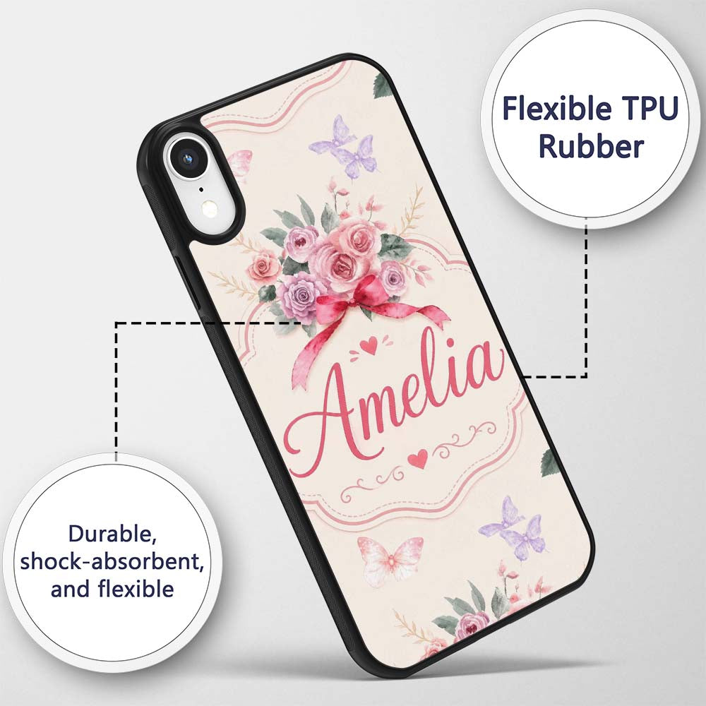 Cute Watercolor Roses Bouquet with Red Ribbon Custom Name Protective Phone Case Mobile Cover Durable Everyday Smartphone Shock Resistant