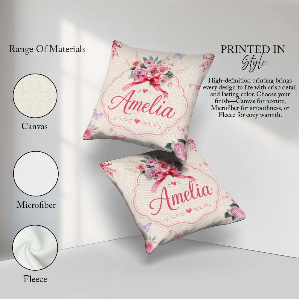 Custom Name Cute Watercolor Roses Bouquet with Red Neutral Beige Square Filled Cushion Throw Pillow Sofa Bed Home Decor Zip Washable UK Made
