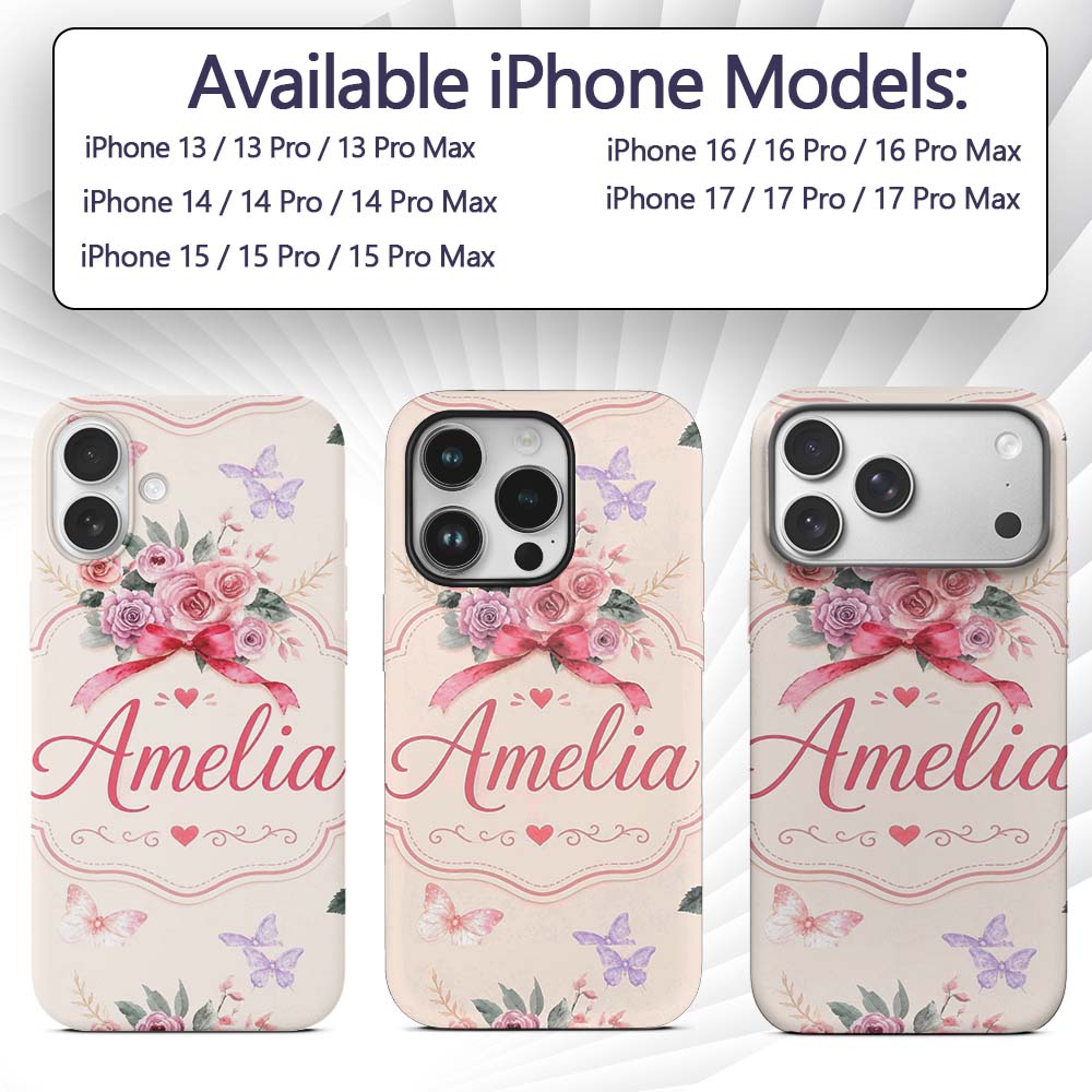 Cute Watercolor Roses Bouquet with Red Ribbon Custom Name Protective Phone Case Mobile Cover Durable Everyday Smartphone Shock Resistant