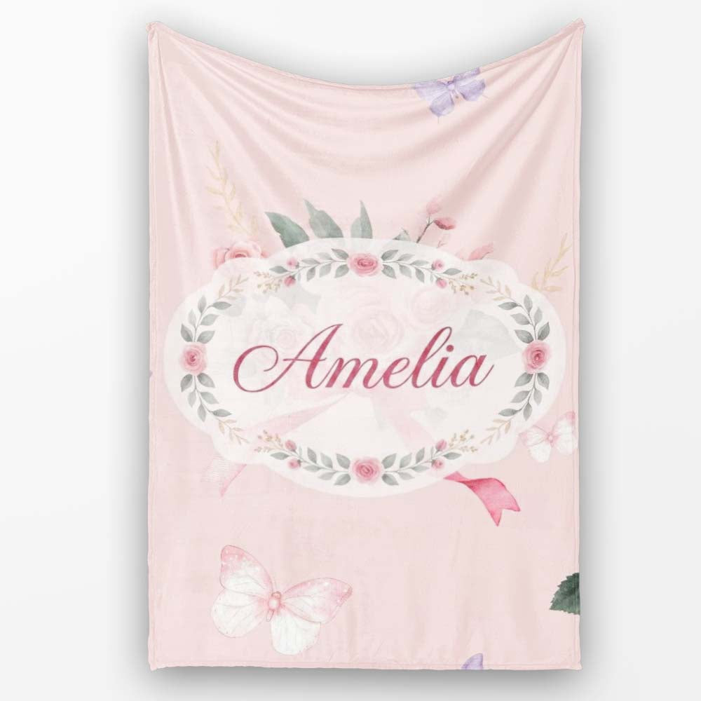 Cute Watercolor Roses Bouquet with Red Ribbon Warm Blush Background  Personalised Custom Name Super Soft Fleece Blanket Bed Sofa Throw