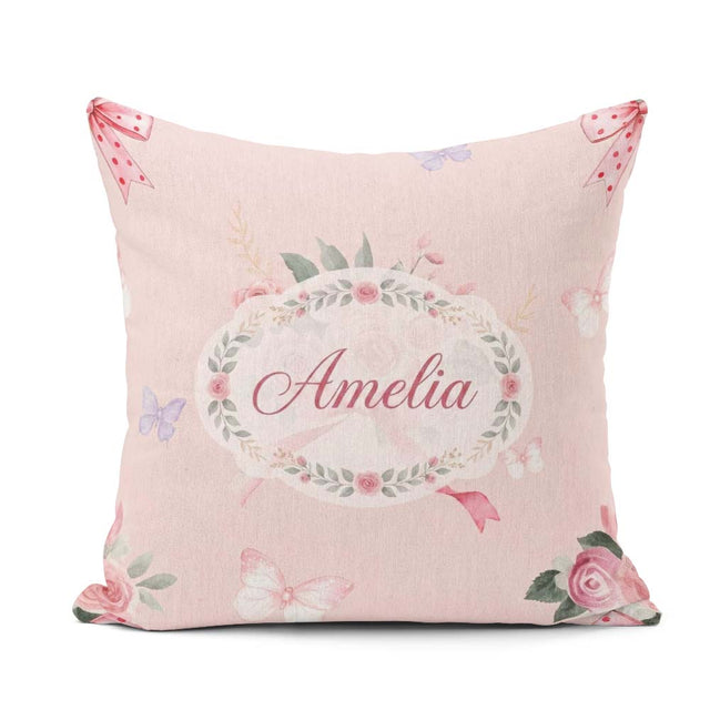 Custom Name Watercolor Roses Bouquet with Red Ribbon Warm Blush Square Filled Cushion Throw Pillow Sofa Bed Home Decor Zip Washable UK Made