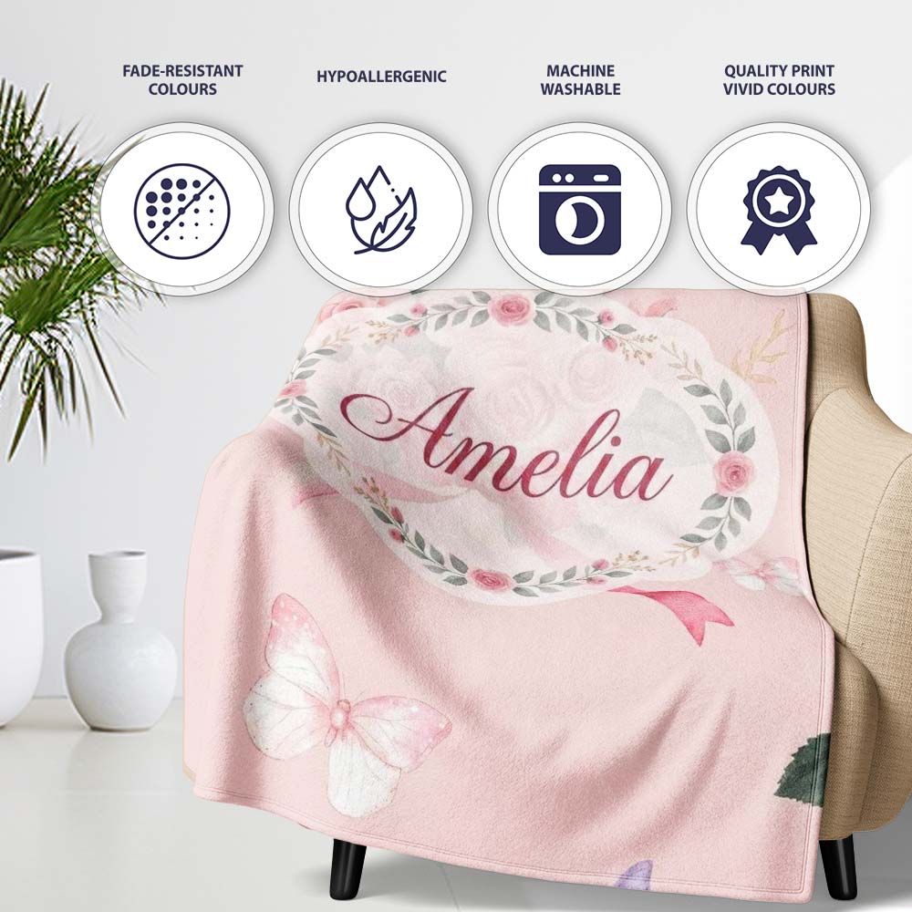 Cute Watercolor Roses Bouquet with Red Ribbon Warm Blush Background  Personalised Custom Name Super Soft Fleece Blanket Bed Sofa Throw