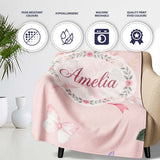 Cute Watercolor Roses Bouquet with Red Ribbon Warm Blush Background  Personalised Custom Name Super Soft Fleece Blanket Bed Sofa Throw