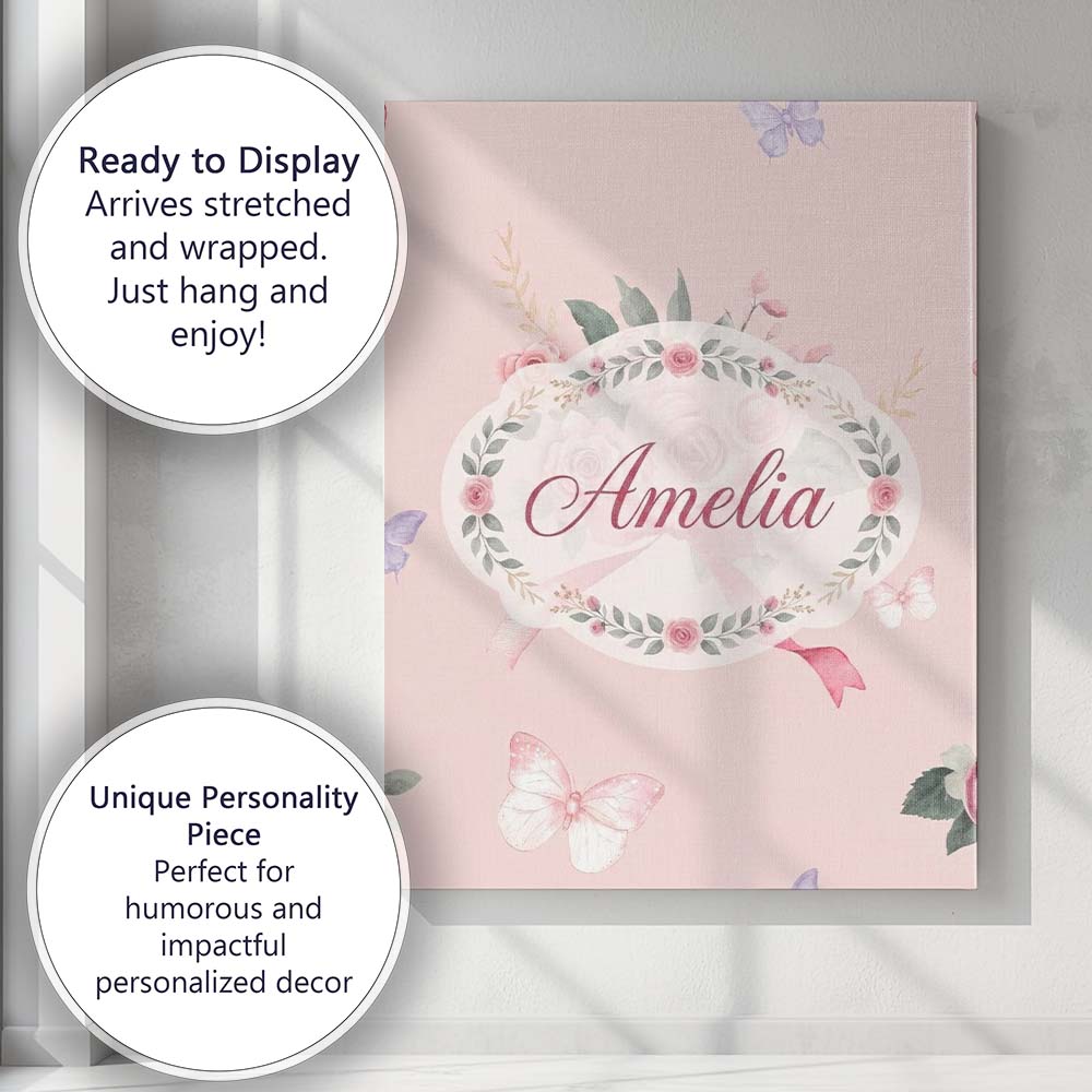 Personalised Name Cute Watercolor Roses Custom  Modern Room Accent Elegant Feature Canvas Wall Art Print Decor Picture Ready to Hang