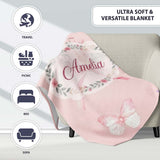 Cute Watercolor Roses Bouquet with Red Ribbon Warm Blush Background  Personalised Custom Name Super Soft Fleece Blanket Bed Sofa Throw