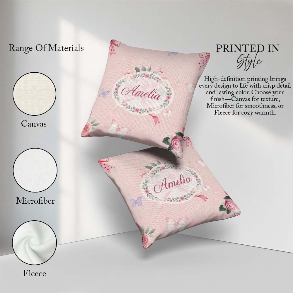 Custom Name Watercolor Roses Bouquet with Red Ribbon Warm Blush Square Filled Cushion Throw Pillow Sofa Bed Home Decor Zip Washable UK Made