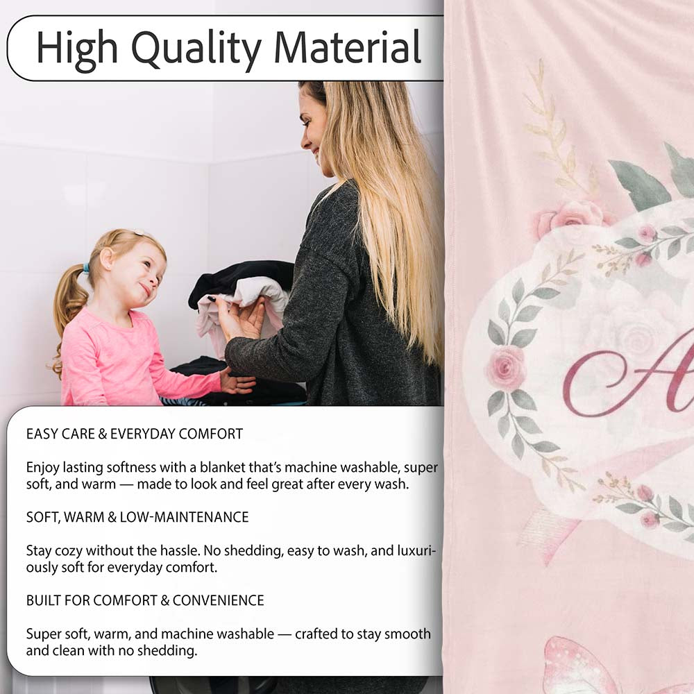 Cute Watercolor Roses Bouquet with Red Ribbon Warm Blush Background  Personalised Custom Name Super Soft Fleece Blanket Bed Sofa Throw
