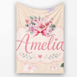 Cute Watercolor Roses Bouquet with Red Ribbon Warm Beige Background  Personalised Custom Name Super Soft Fleece Blanket Bed Sofa Throw