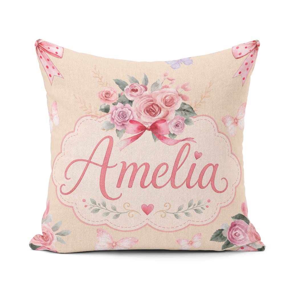 Custom Name Watercolor Roses Bouquet with Red Ribbon Warm Beige Square Filled Cushion Throw Pillow Sofa Bed Home Decor Zip Washable UK Made