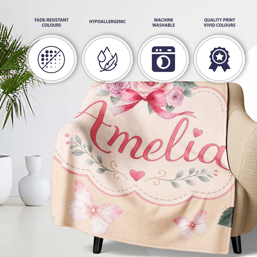 Cute Watercolor Roses Bouquet with Red Ribbon Warm Beige Background  Personalised Custom Name Super Soft Fleece Blanket Bed Sofa Throw