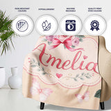 Cute Watercolor Roses Bouquet with Red Ribbon Warm Beige Background  Personalised Custom Name Super Soft Fleece Blanket Bed Sofa Throw