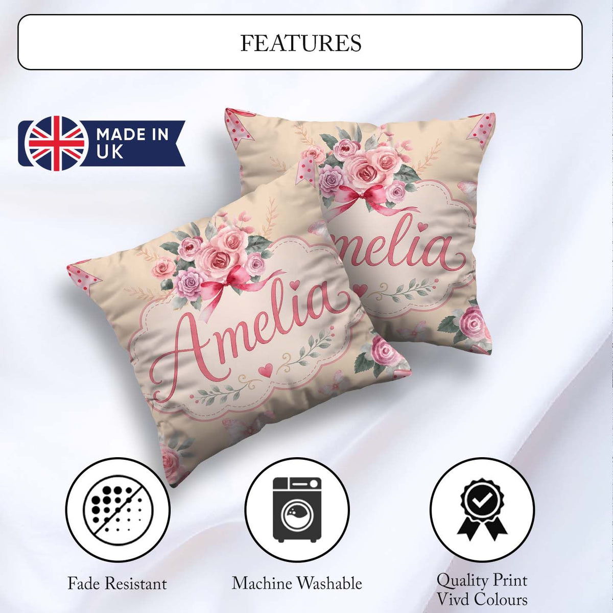 Custom Name Watercolor Roses Bouquet with Red Ribbon Warm Beige Square Filled Cushion Throw Pillow Sofa Bed Home Decor Zip Washable UK Made