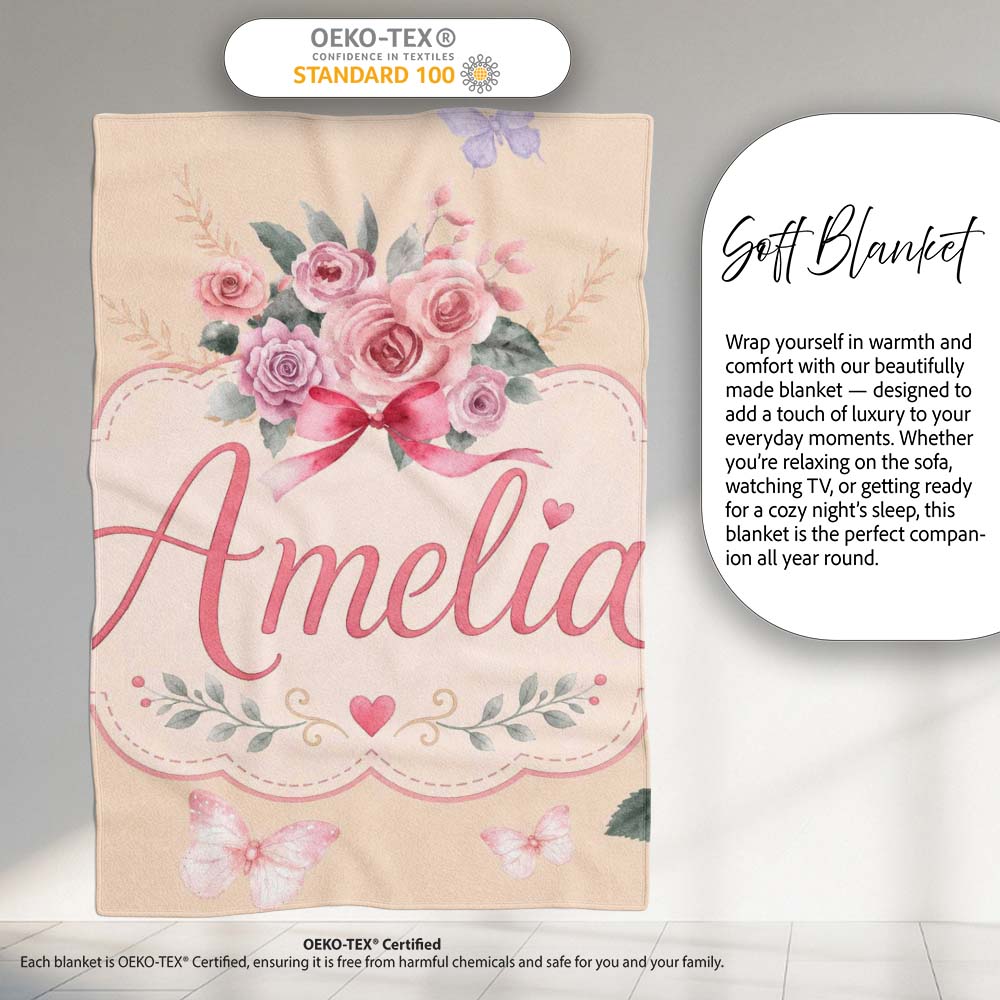 Cute Watercolor Roses Bouquet with Red Ribbon Warm Beige Background  Personalised Custom Name Super Soft Fleece Blanket Bed Sofa Throw