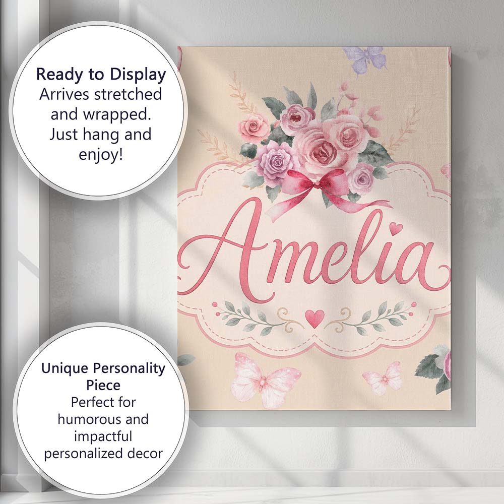 Personalised Name Cute Watercolor Roses Custom  Modern Room Accent Elegant Feature Canvas Wall Art Print Decor Picture Ready to Hang