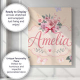 Personalised Name Cute Watercolor Roses Custom  Modern Room Accent Elegant Feature Canvas Wall Art Print Decor Picture Ready to Hang