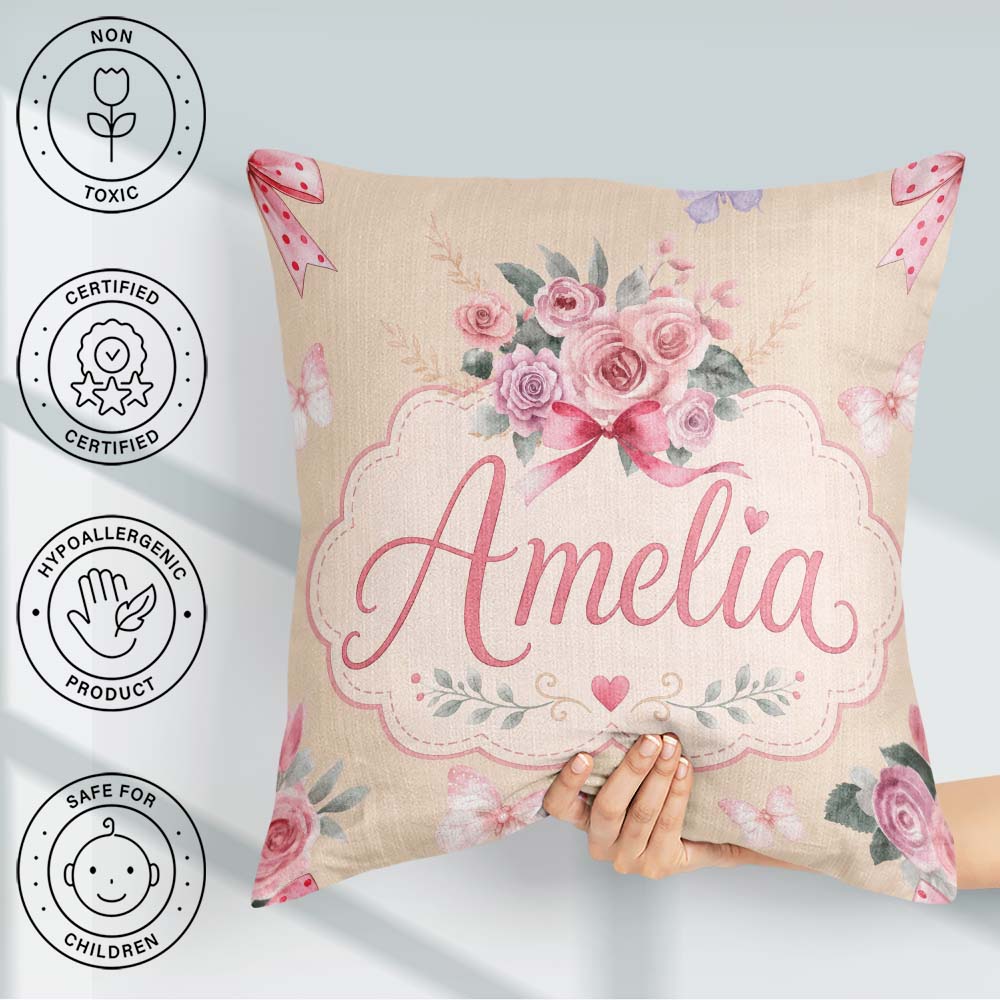 Custom Name Watercolor Roses Bouquet with Red Ribbon Warm Beige Square Filled Cushion Throw Pillow Sofa Bed Home Decor Zip Washable UK Made