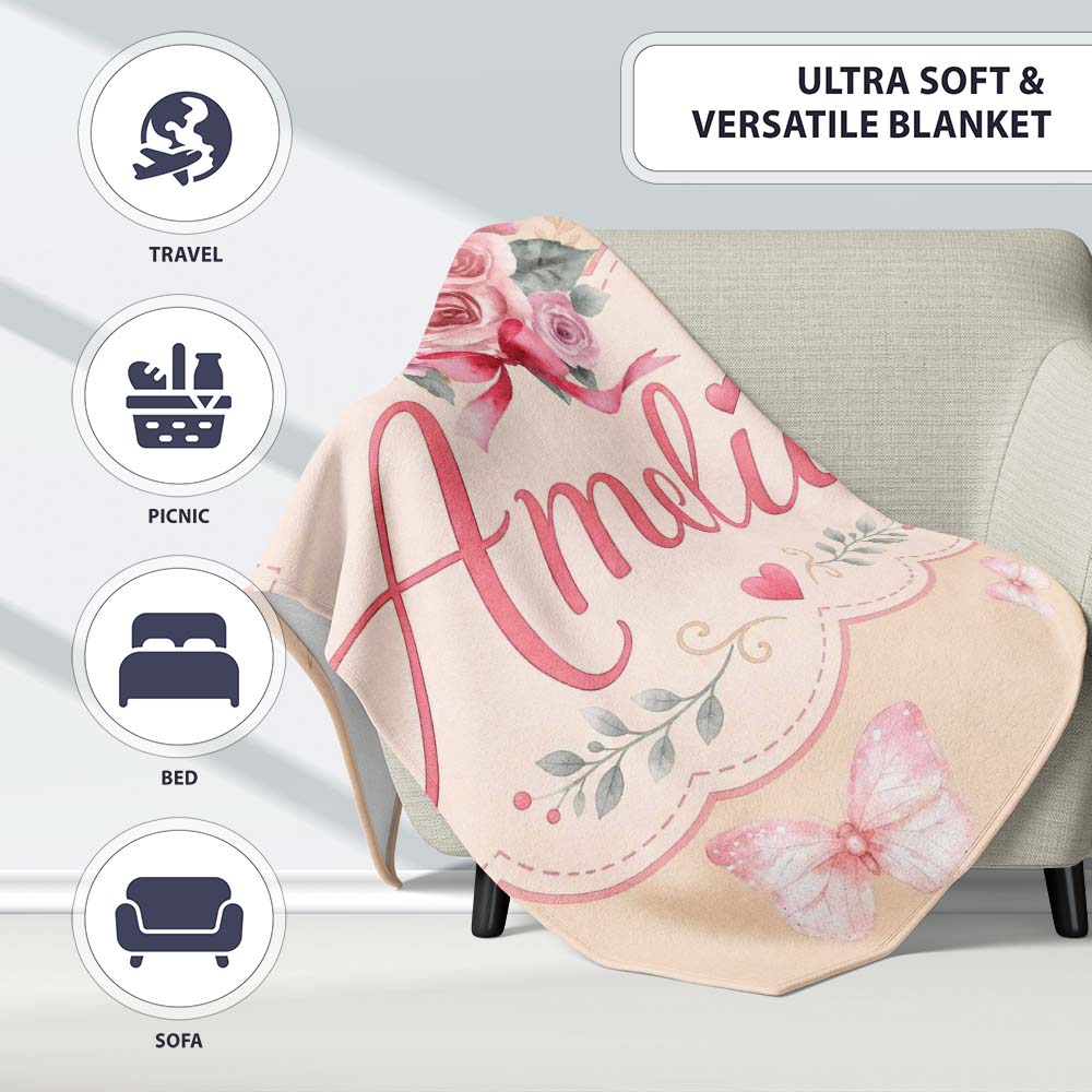 Cute Watercolor Roses Bouquet with Red Ribbon Warm Beige Background  Personalised Custom Name Super Soft Fleece Blanket Bed Sofa Throw