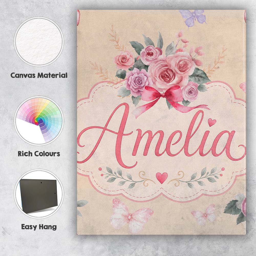 Personalised Name Cute Watercolor Roses Custom  Modern Room Accent Elegant Feature Canvas Wall Art Print Decor Picture Ready to Hang