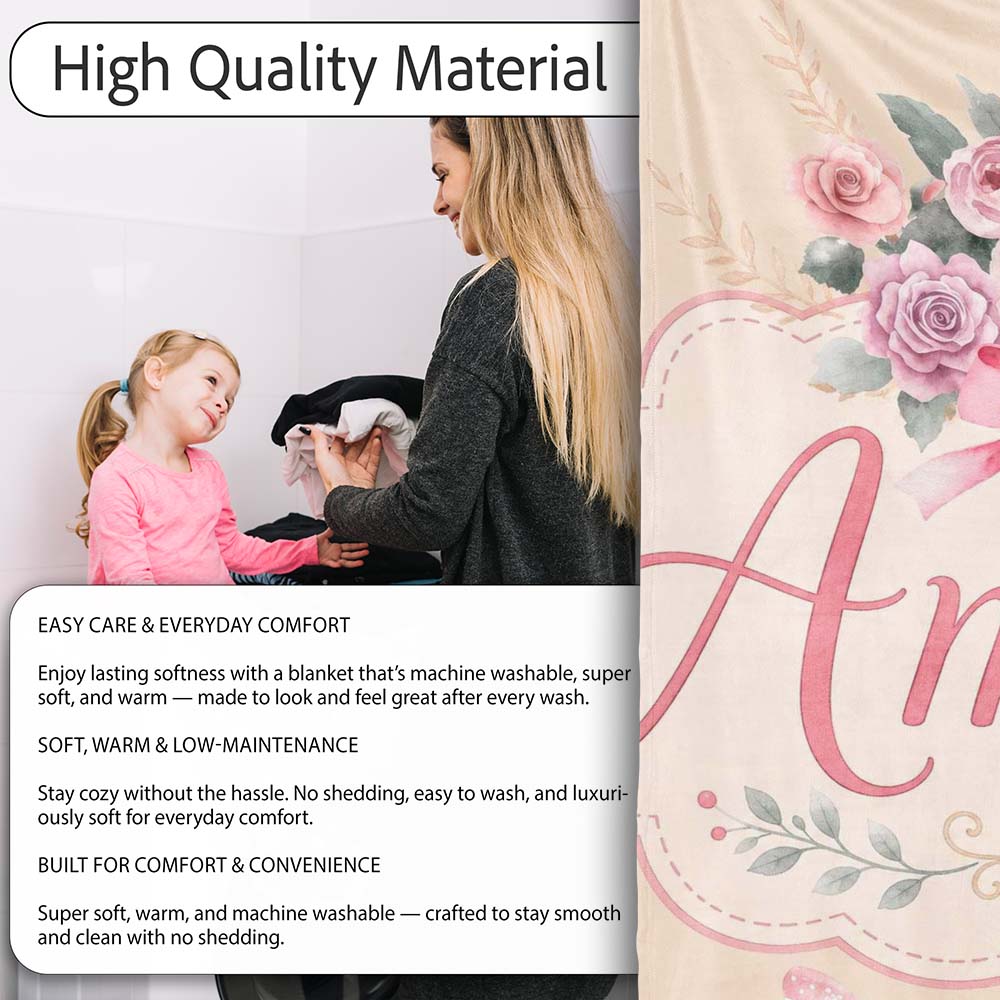 Cute Watercolor Roses Bouquet with Red Ribbon Warm Beige Background  Personalised Custom Name Super Soft Fleece Blanket Bed Sofa Throw